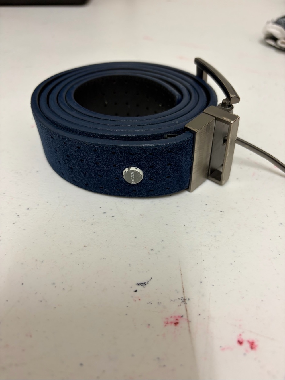 Boconi Navy Suede Perforated Belt with Brushed Metal Buckle